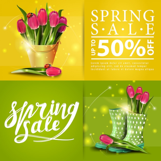 Spring sales banners with bouquet of tulips