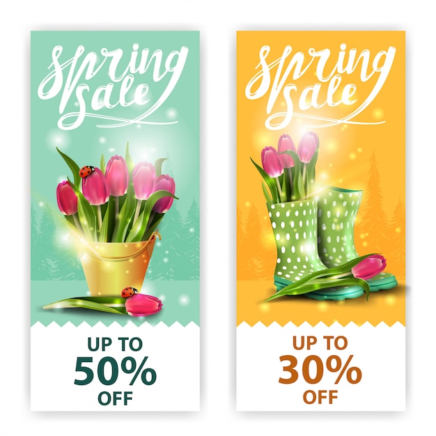 Spring sales banners with bouquets of tulips
