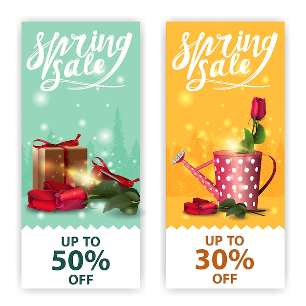 Spring sales banners with roses and gift
