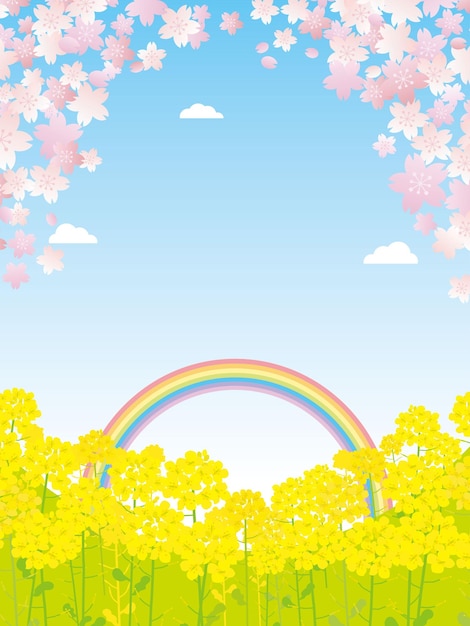 Spring scenery illustration of the cherry tree and canola flower.