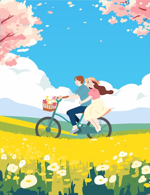 Vector spring scenery illustrations picnics trips bicycles fields nature sky cherry blossoms lovers