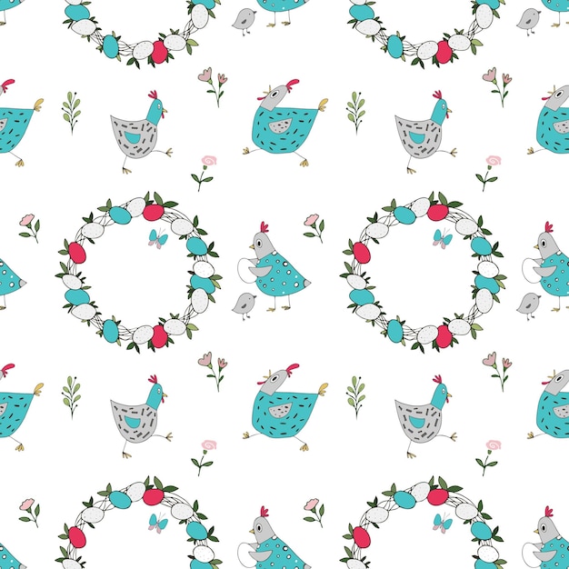 Vector spring seamless handmade pattern small flowers and chicken and eggs