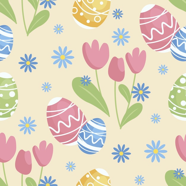 Vettore seamless pattern di primavera sfondo di pasqua fiori tulipani e margherite