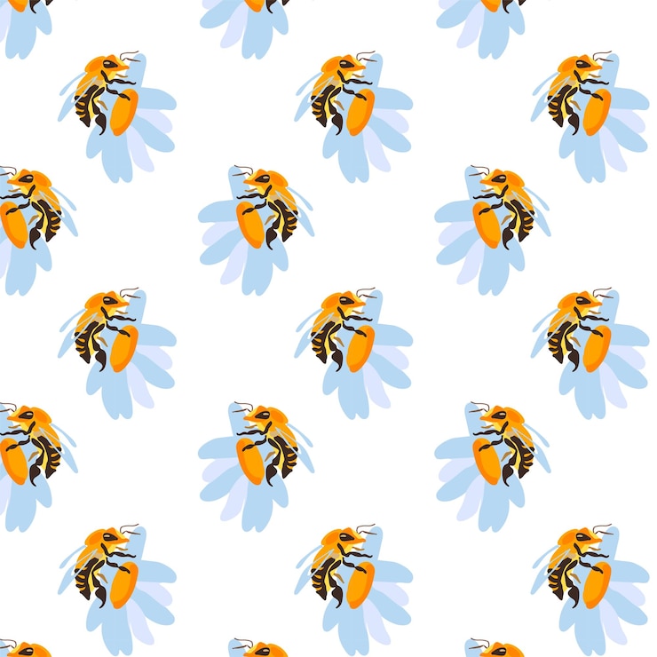 Vector spring seamless pattern rows of cute white daisies bee white summer template plant wildflower ditsy