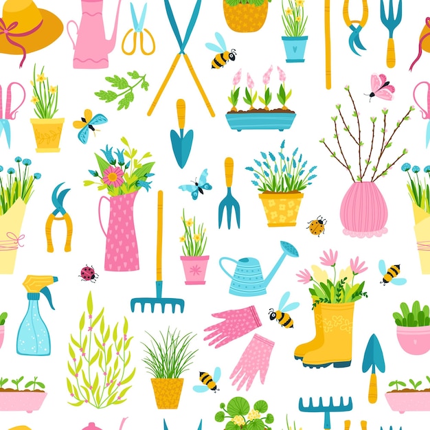 Spring seamless pattern in simple hand-drawn cartoon style.