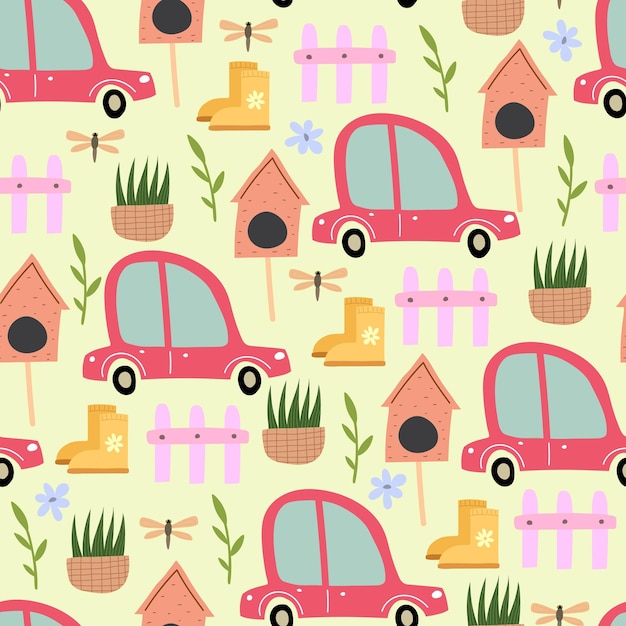 Vector spring seamless pattern with cartoon cars boots dragonfly plants