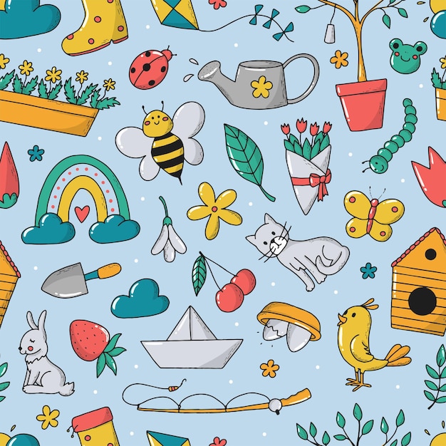 Spring seamless pattern with doodles