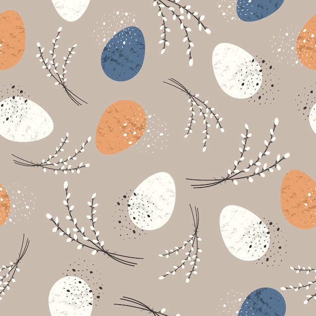 Spring seamless pattern with easter eggs and willow branches ecodecor vector flat illustration