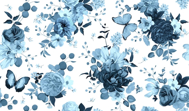 Spring seamless pattern with flowers,succulents and butterflies