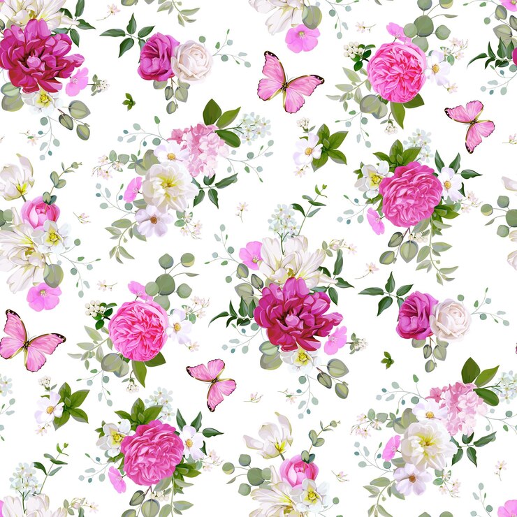 Spring seamless pattern with flowers,succulents and butterflies
