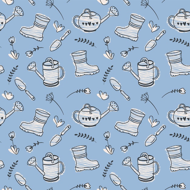 Spring seamless pattern with garden tools Repeating background Hand drawn illustration