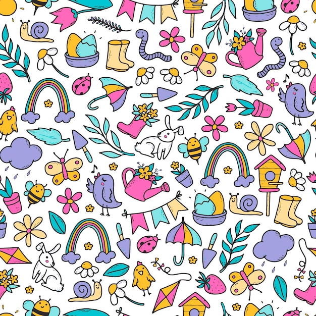 Spring seamless pattern with hand drawn doodles