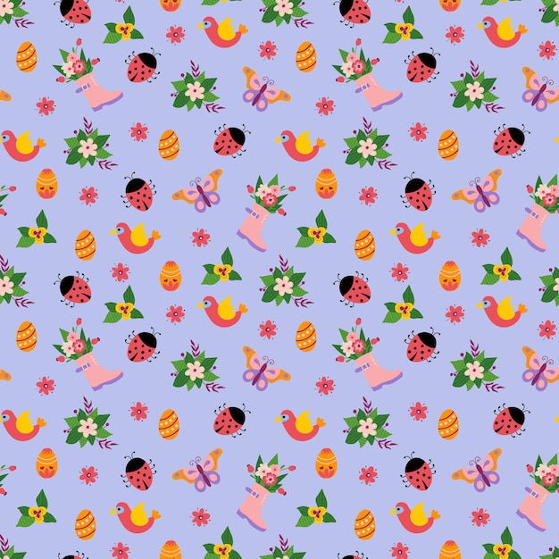 Spring Seamless pattern with hand drawn flowers and easter eggs