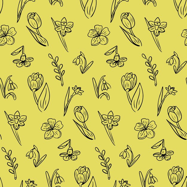 Vector spring seamless pattern with outline flowers
