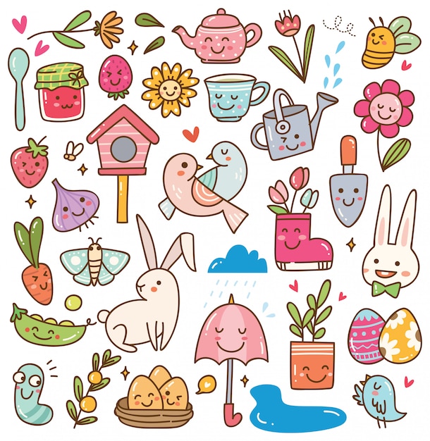 Insieme di doodle di stagione primavera kawaii