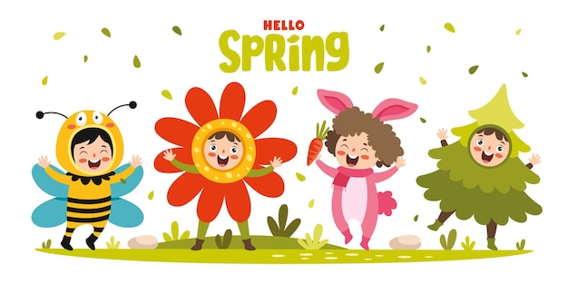 Spring Season With Cartoon Children