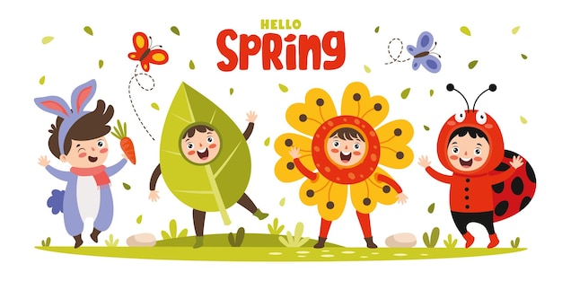 Spring Season With Cartoon Children