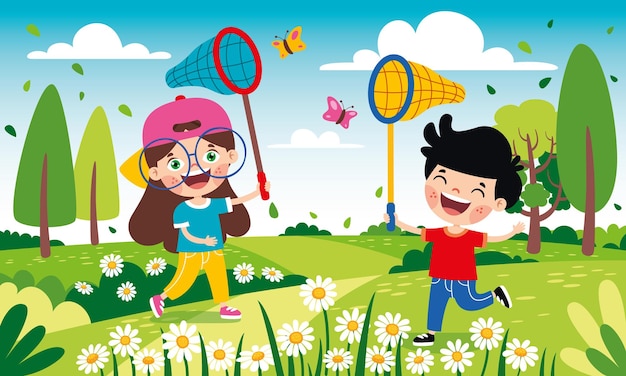 Spring Season With Cartoon Children