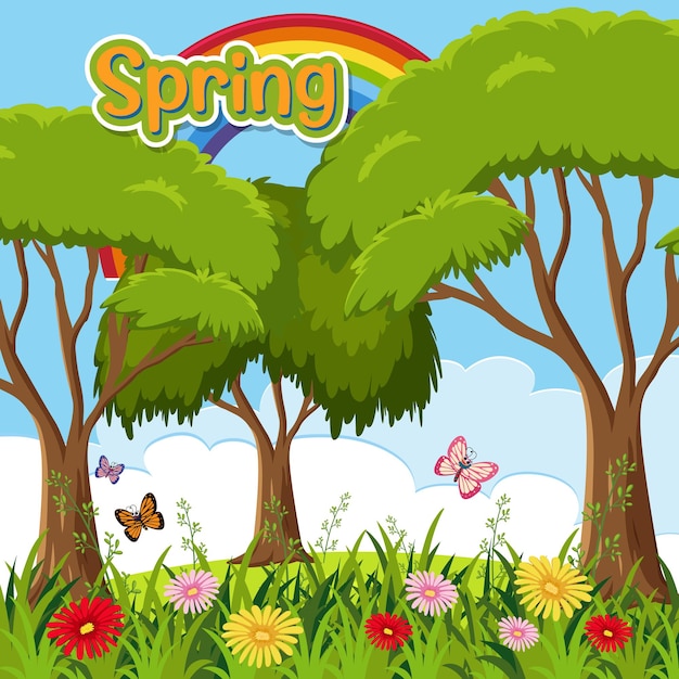木々と花畑の背景を持つ春の季節