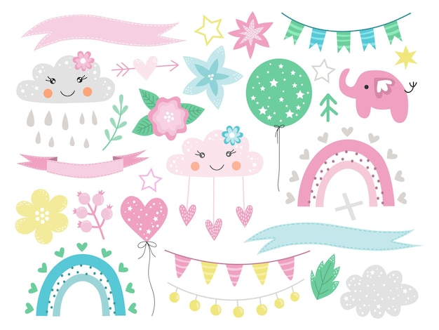 Spring set hand drawn elements flowers birds rainbow and other Perfect for scrapbooking