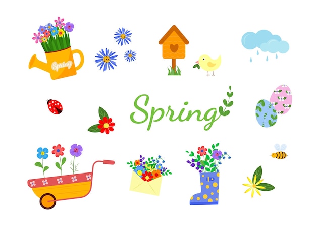 Spring set hand drawn elements.Vector illustration.Perfect for scrapbooking, greeting card, party.