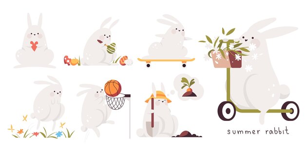 Vector spring set of rabbits doing seasonal activities