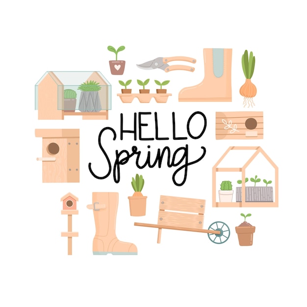 Set di primavera con lettering design piatto vettoriale