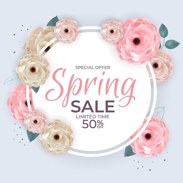 봄 특별 할인 판매 원 프레임 꽃과 나뭇잎 템플릿