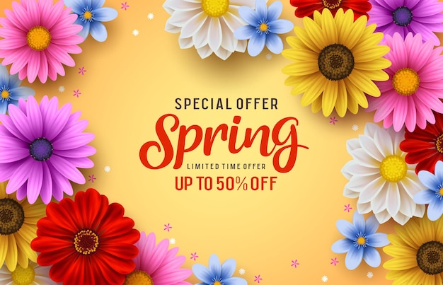 Spring special offer vector banner background with spring season sale text and colorful chrysanthemum.