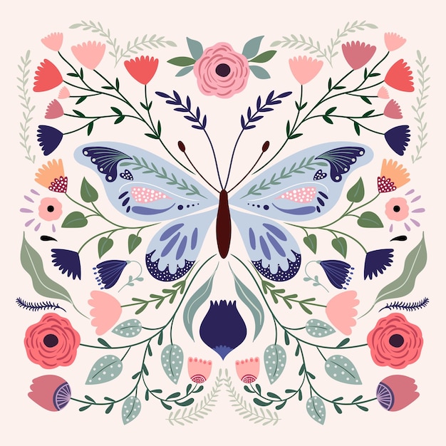 Spring summer butterfly composition, poster, greeting card with flowers in bloom, different plants,
