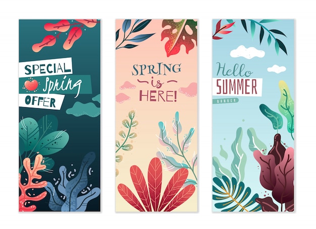 Spring summer decorative vertical banners. Pleasant colors and delicate gradients.