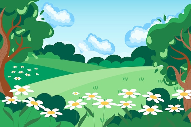 Vector spring-summer landscape, chamomile meadows and trees against the sky with clouds. illustration