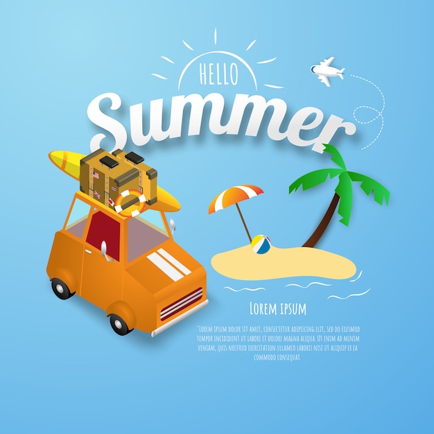 Вектор Плакат весна-лето, баннер оранжевая автостоянка на пляже