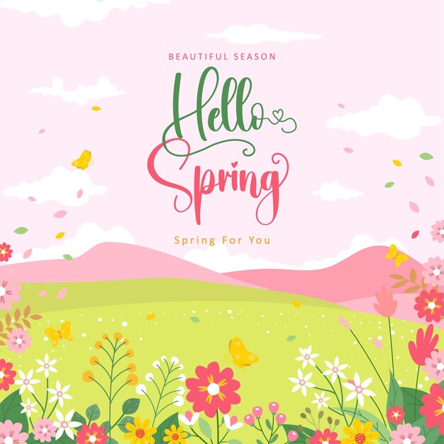 Vector spring template with beautiful flower and landscape background