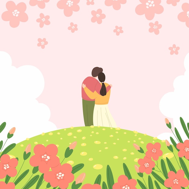 spring template with cute couple love poster for spring sale admiring nature vacation together