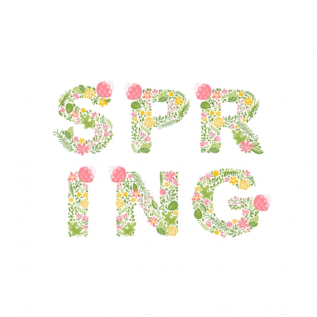 Testo di primavera. foglie e fiori iscrizione per biglietto di auguri