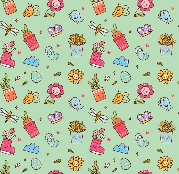 Spring themed seamless background in kawaii style 