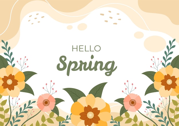 프로모션, 잡지, 광고 또는 웹사이트를 위한 꽃 시즌과 식물이 있는 봄 시간 배경. 자연 평면 벡터 일러스트 레이 션