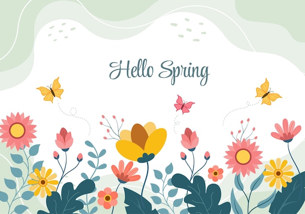 Vettore sfondo di primavera con fiori e piante per promozioni, riviste, pubblicità o siti web. illustrazione vettoriale piatta della natura