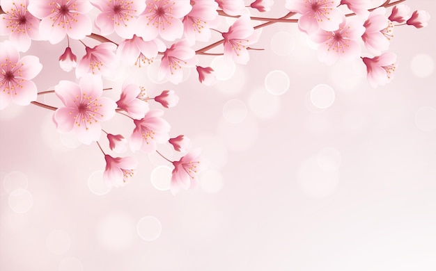 Vector spring time beautiful background with spring blooming cherry blossoms. sakura branch with flying petals. vector illustration eps10