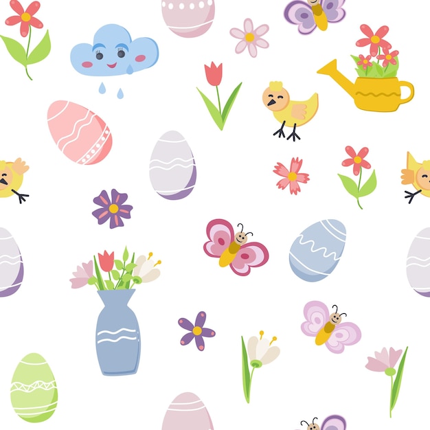 Spring time and easter collection of cute elements on white background egg bee cloud bird flower Perfect for cards stickers