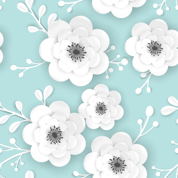 3dペーパーカットの花と春の花の背景。生地、壁紙プリントのための折り紙切り花デザインとのシームレスなパターン。ベクトルイラスト