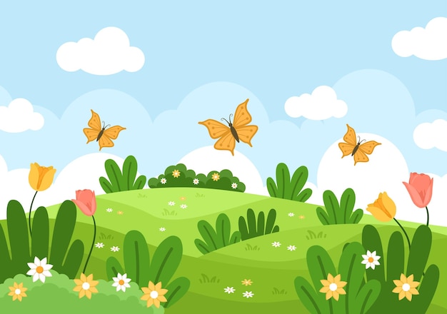 Spring time landscape background with flowers season, rainbow and plant for promotions, magazines, advertising or websites. nature vector illustration