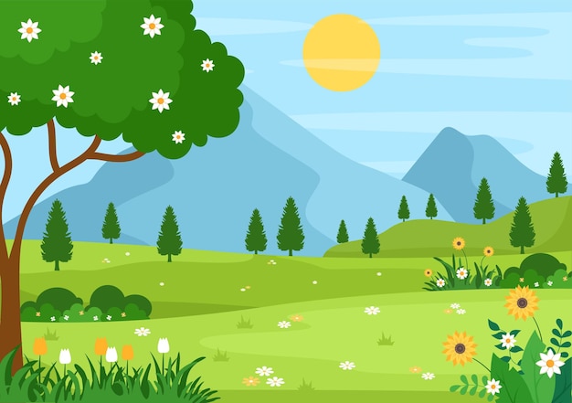 Vector spring time landscape background with flowers season, rainbow and plant for promotions, magazines, advertising or websites. nature vector illustration