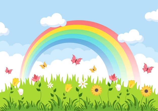 Spring Time Landscape Background with Flowers Season, Rainbow and Plant for Promotions, Magazines, Advertising or Websites. Nature Vector illustration