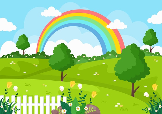 Spring time landscape background with flowers season, rainbow and plant for promotions, magazines, advertising or websites. nature vector illustration