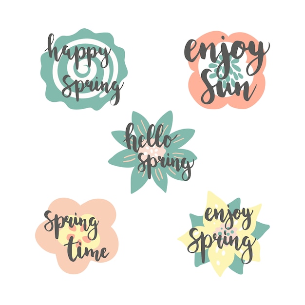 Vector spring time lettering with colorful flowers background.