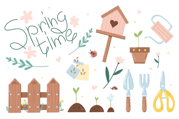 Spring time pack including equipment for do it yourself gardening sticker with bright lettering