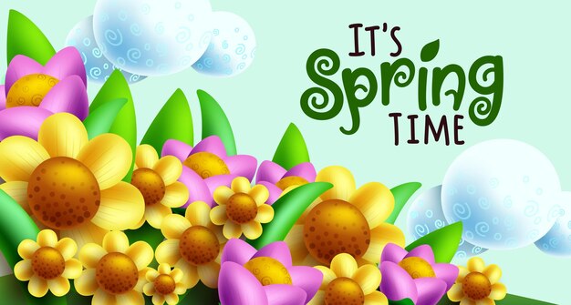 Vector spring time vector background design its spring time text in cute flower field with leaves