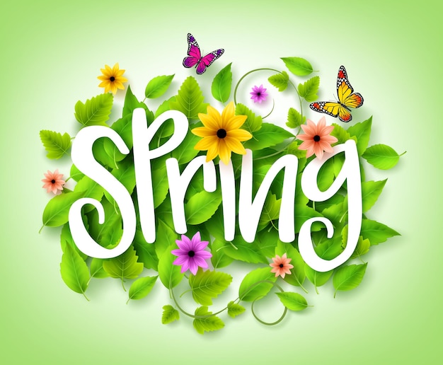 Spring Title Text with Vector Green Leaves in the Background with Colorful Flowers.